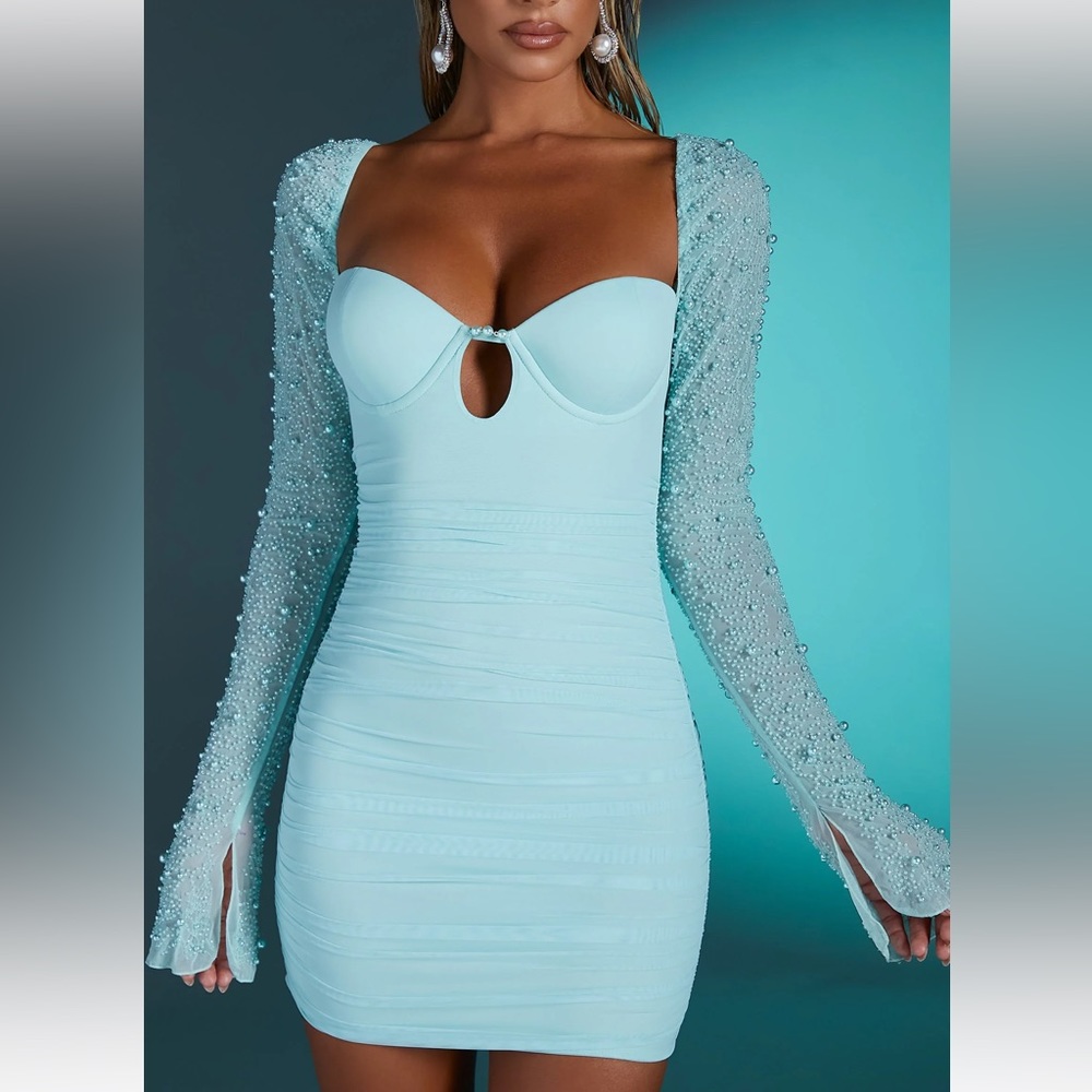 NWT Oh Polly St. Germain Embellished Long Sleeve Mini Dress in Aqua